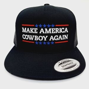 Make America Cowboy Again Flat Bill Trucker Mesh Snapback Cap Hat Black &…